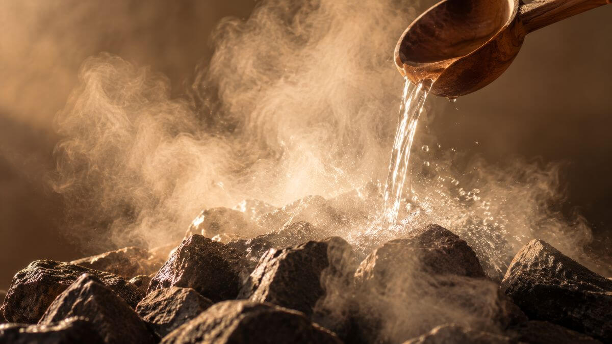 Steam being poured over hot stones in a banya steam room