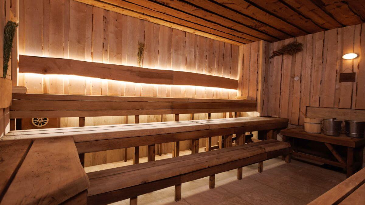 Traditional timber steam room benches